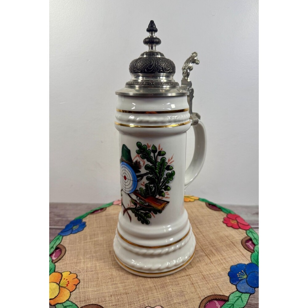 Stein Hunting Beer‎ 12" Tall Porcelain Mug w/ lid 32 OZ 1 Liter MINT